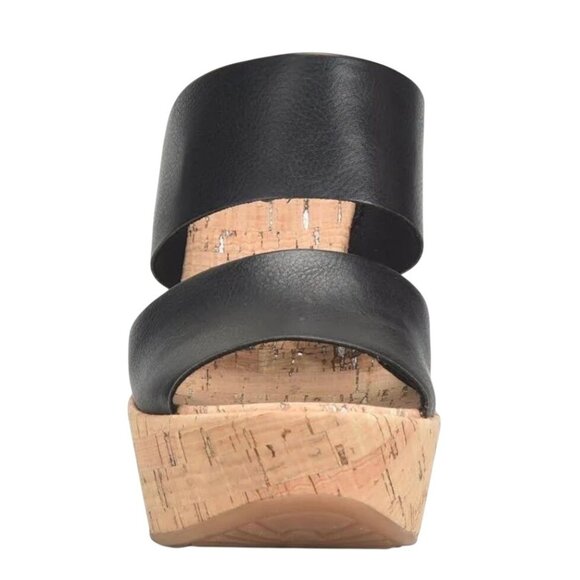 Korks Dezi Womens Platform Sandals 11M Black Leather Slip-On Cork Heel Open Toe - Picture 3 of 10